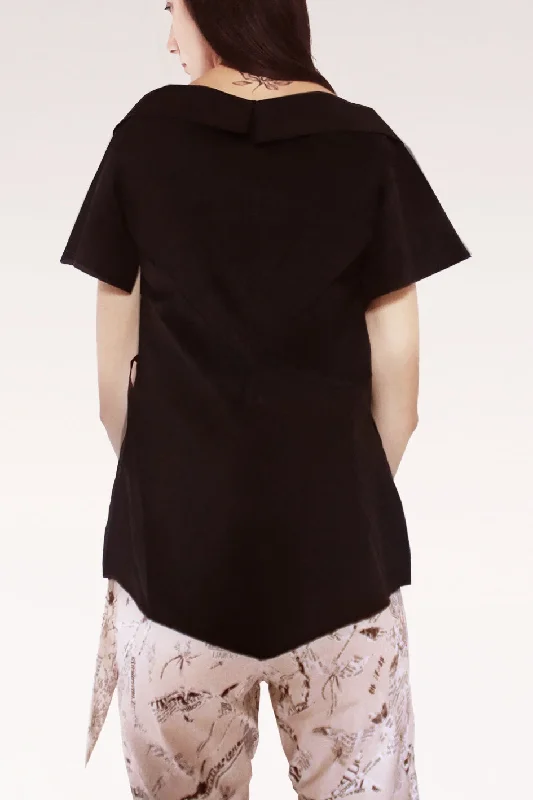 Open Collar Short Sleeves Cotton Shirt / Black