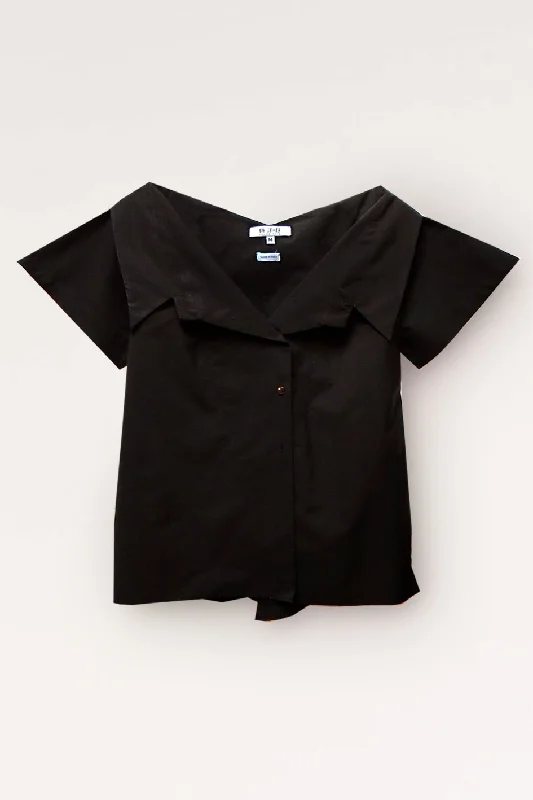 Open Collar Short Sleeves Cotton Shirt / Black