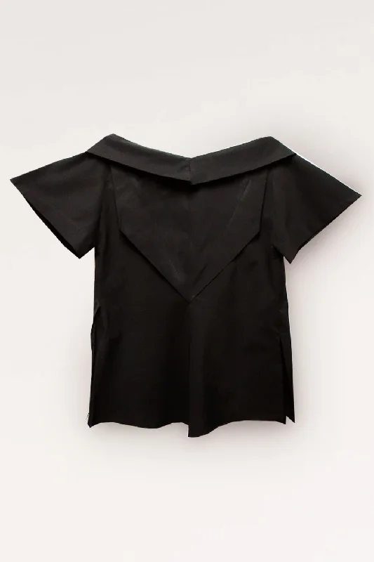 Open Collar Short Sleeves Cotton Shirt / Black