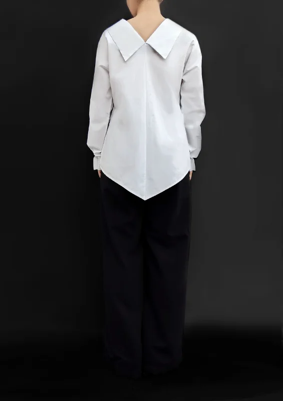 Origami Long Sleeves Cotton Shirt With Flower Ribbon / White