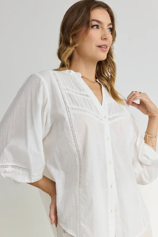 Ornamental White Lace Insert Pintuck SS Shirt