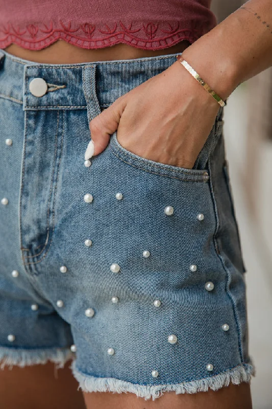 Show Stopping Medium Wash Pearl Detail Shorts