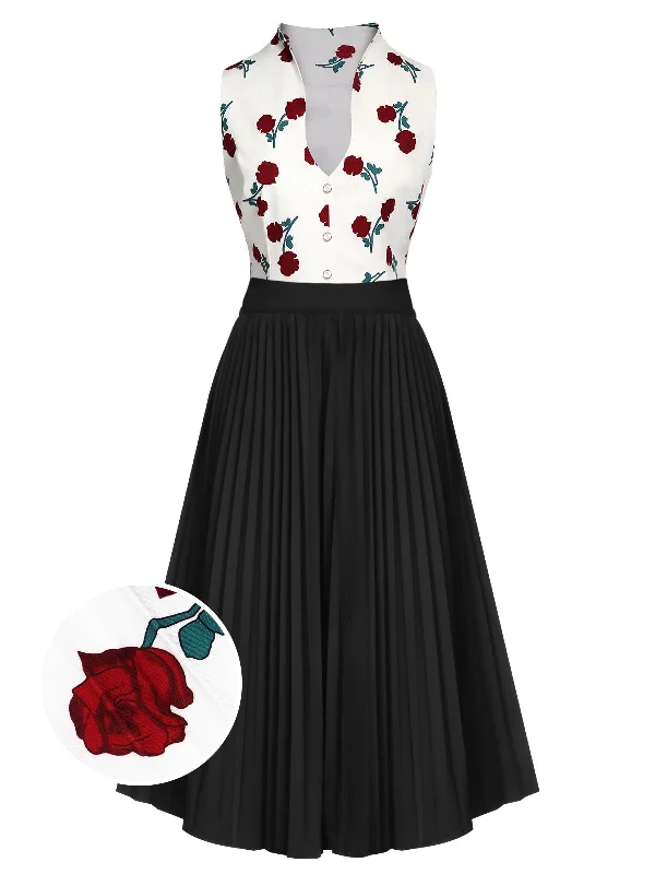 2PCS 1950s White Roses Top & Black Skirt