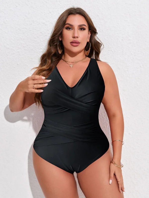 [Plus Size] Black 1940s Solid V-Neck One-Piece Swimsuit