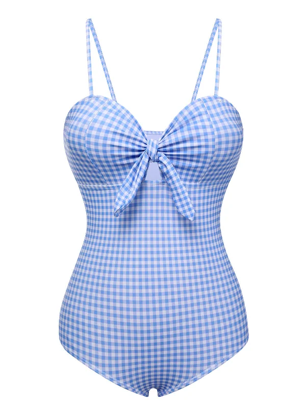 Blue 1950s Plaid Knot Strap Swimsuit