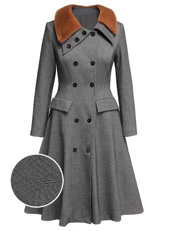 Gray 1930s Faux Fur Lapel Collar Coat