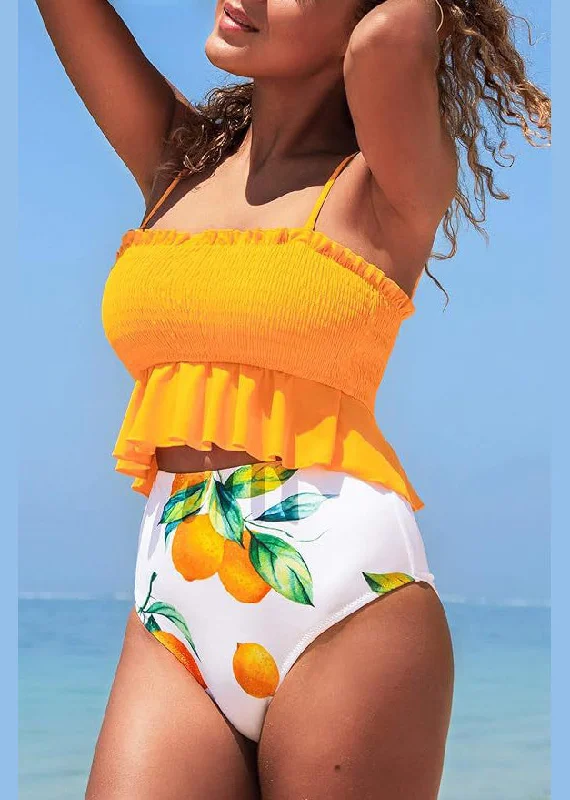 Hot Style Yellow Ruffled Print Swimwear Set