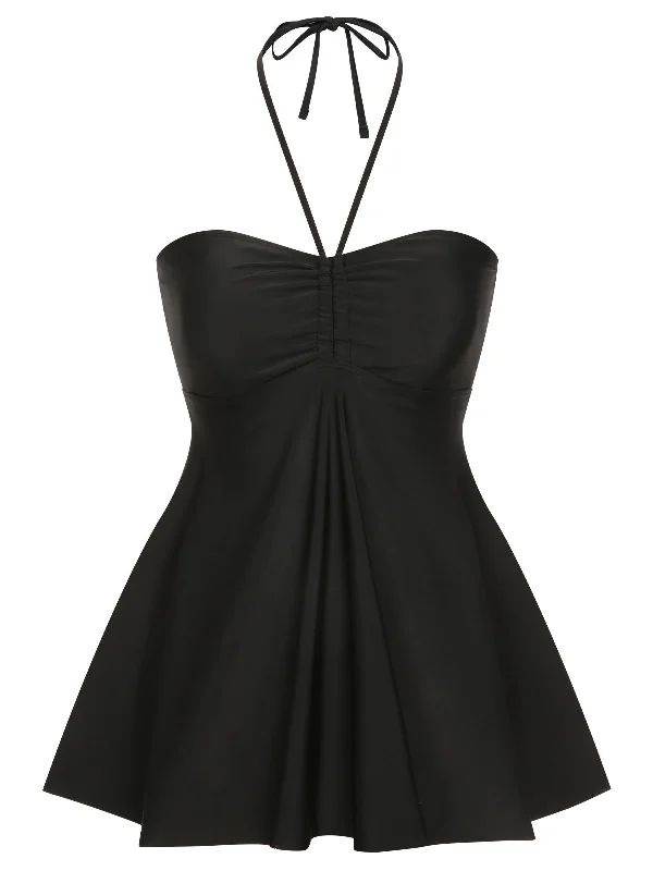 [Plus Size] Black 1940s Solid Bandeau Halter Skirt Swimsuit