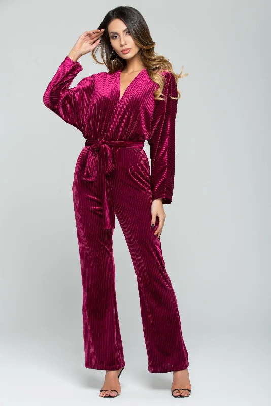 Solid Burgundy Ribbed Velvet Jumpsuit