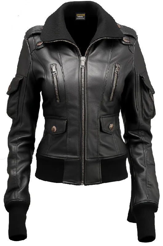 Womens Black Leather Bomber Jacket