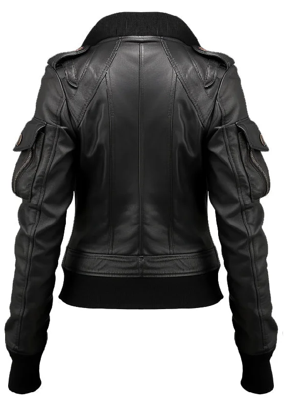 Womens Black Leather Bomber Jacket