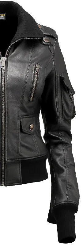 Womens Black Leather Bomber Jacket