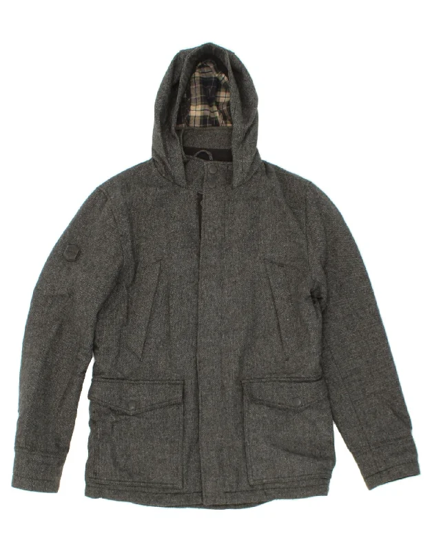 Men's Coats with Patchwork DesignsSUPERDRY Mens Hooded Bomber Jacket UK 38 Medium Grey Wool Men's Coats with Patchwork DesignsSUPERDRY Mens Hooded Bomber Jacket UK 38 Medium Grey Wool