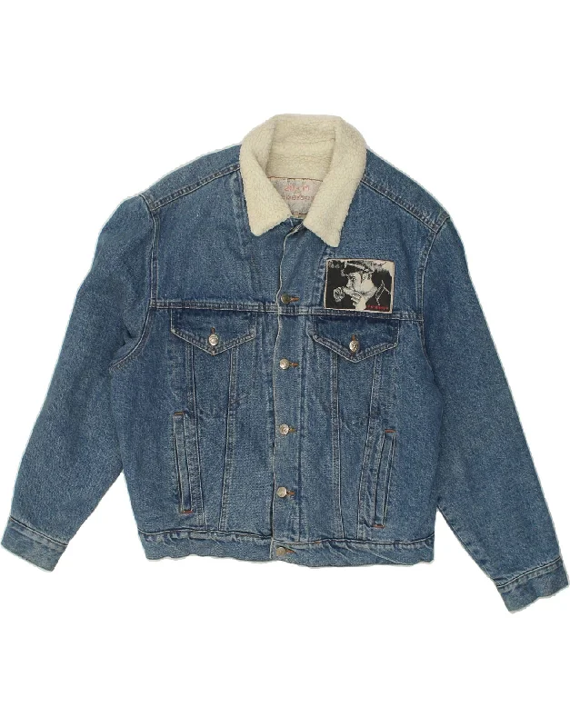 Designer Men's OvercoatsVINTAGE Mens Graphic Sherpa Denim Jacket UK 36 Small Blue Cotton Designer Men's OvercoatsVINTAGE Mens Graphic Sherpa Denim Jacket UK 36 Small Blue Cotton